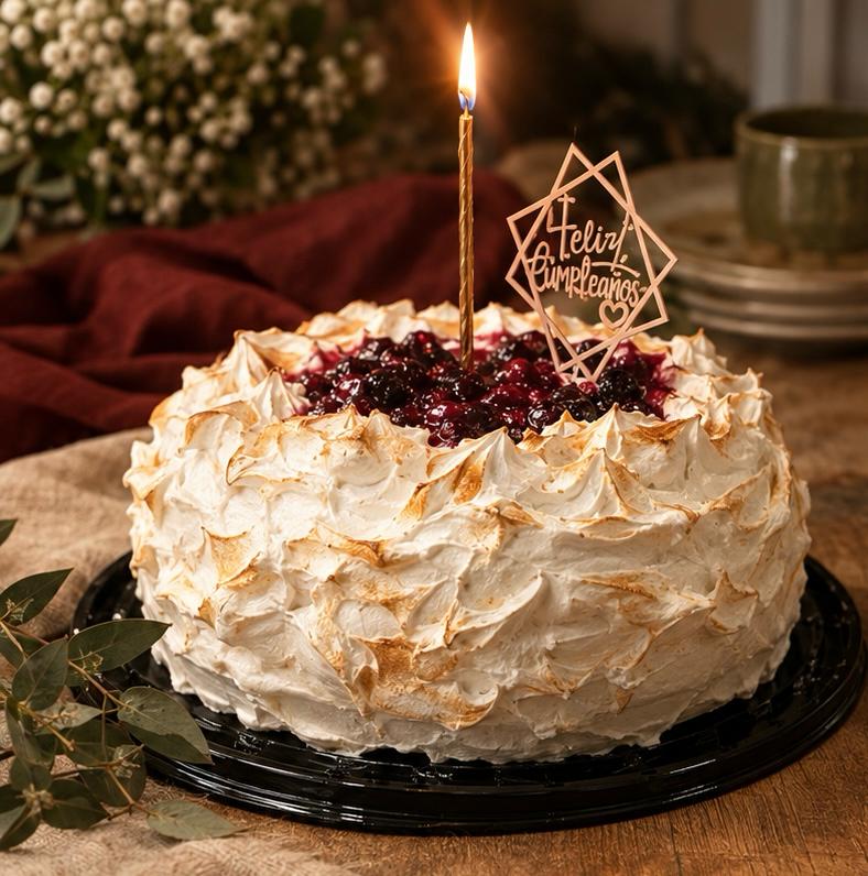 Pastel de merengue tostado con frutos rojos